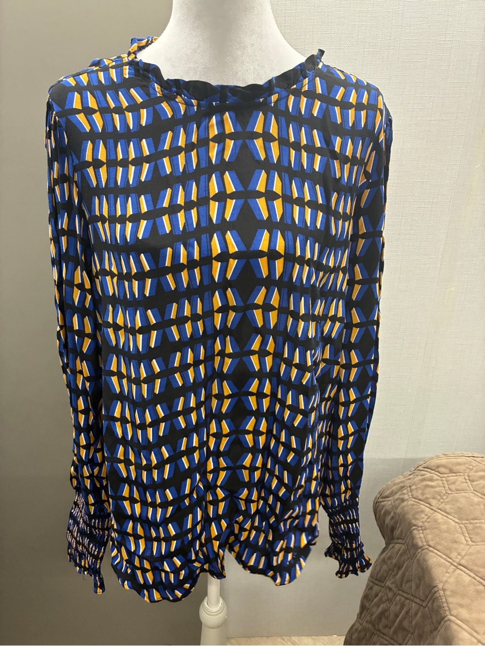 Rachel Zoe Blue and Yellow Geometric Print Long-Sleeve Blouse